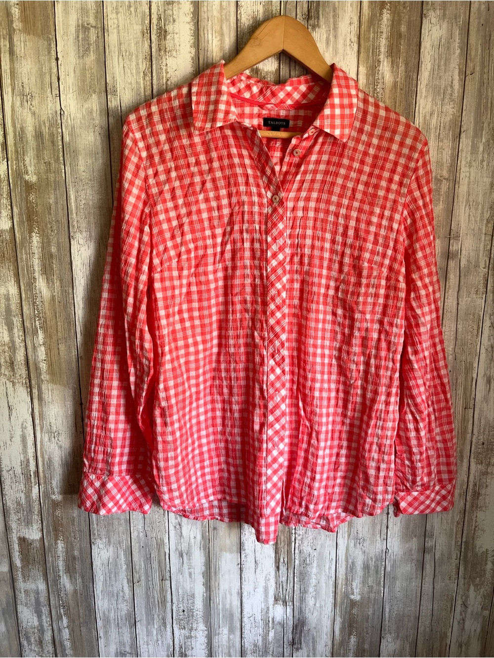 Talbots Pink Gingham Button Front Shirt Cotton Lyocell Medium - Picture 2 of 6